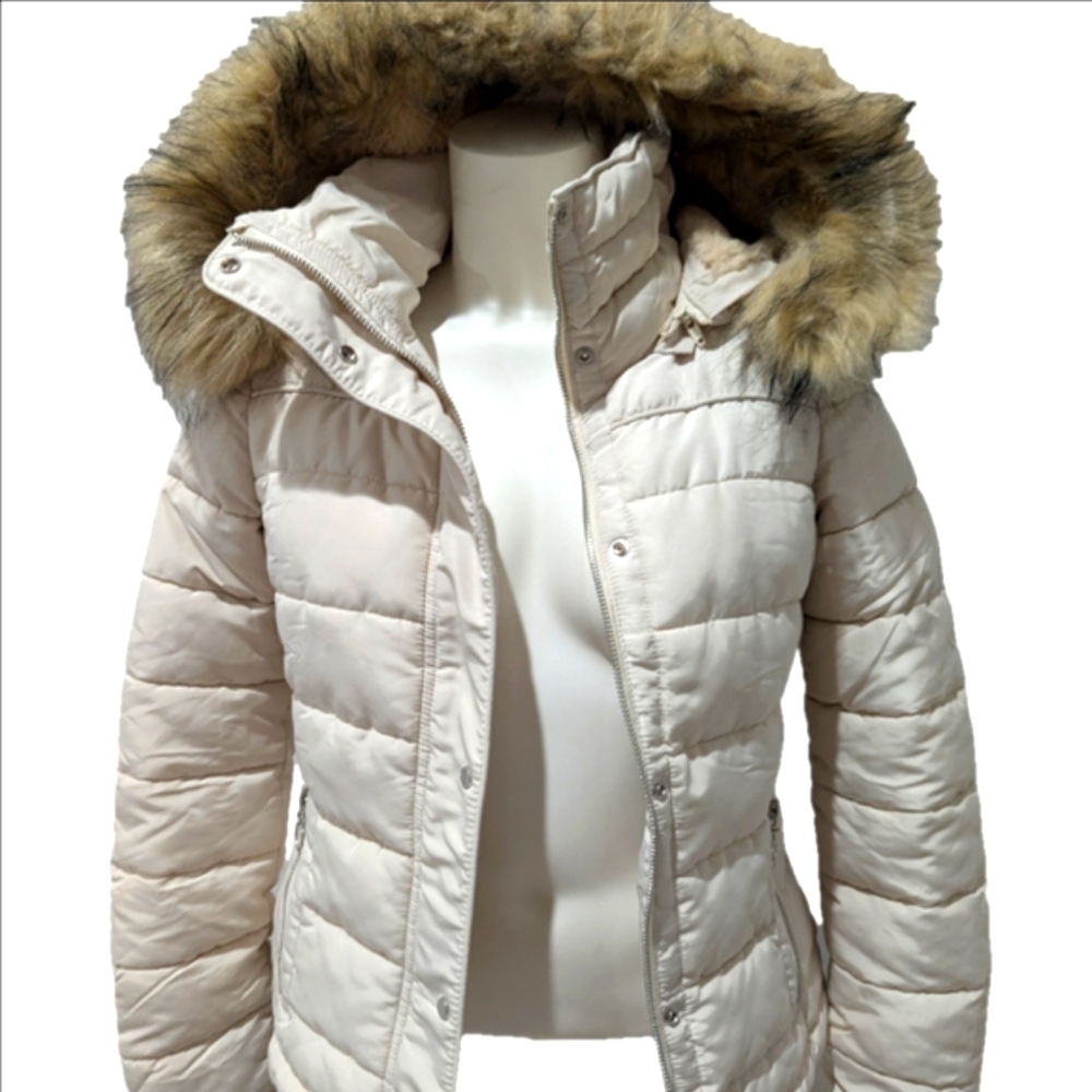 Women's White Puffer Jacket with Faux Fur Hood